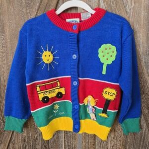 Spring Creek Sweater Kid Size 5 Blue Red Green School Theme Unisex Vintage